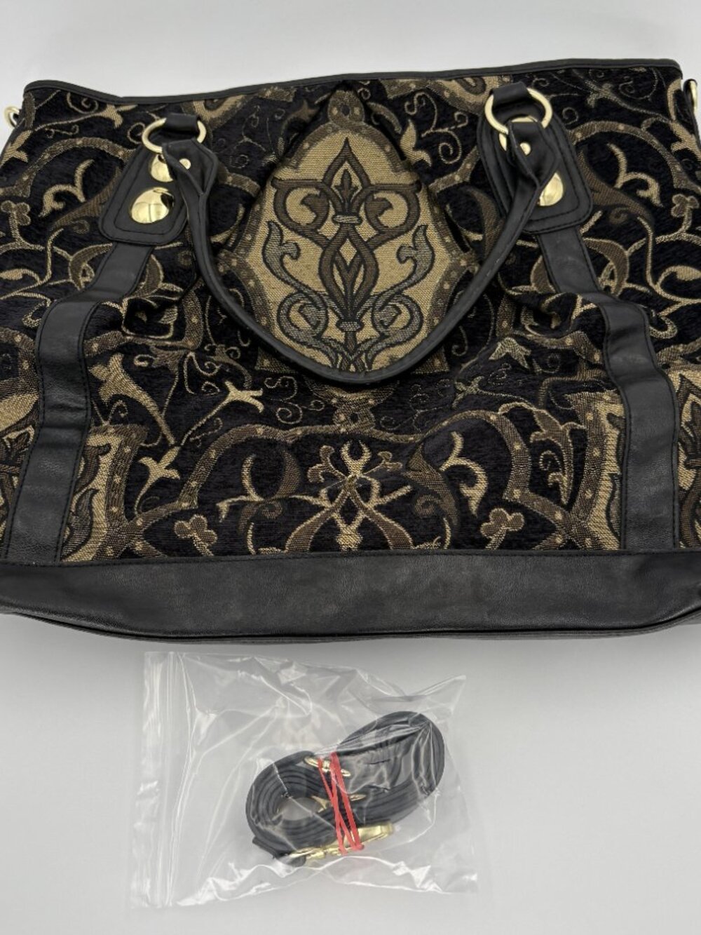 Baroque Tapestry Fleur De Lis Studded Tote Bag Black Gold Faux Leather - Picture 2 of 13